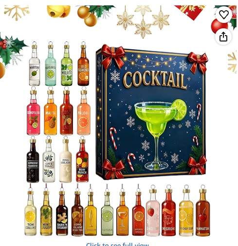 Cocktailkalender: mörkblå ask med cocktailglas på locket och tjugofyra små flaskor runt om