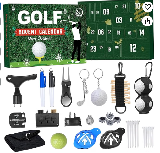 Golfkalender: grön ask med golfspelare på locket och tjugofyra numrerade luckor