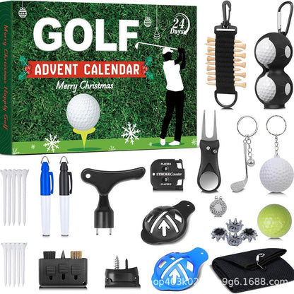 Golftillbehören som ingår: bollar, peggar, markörer, greenlagare, handduk och verktyg
